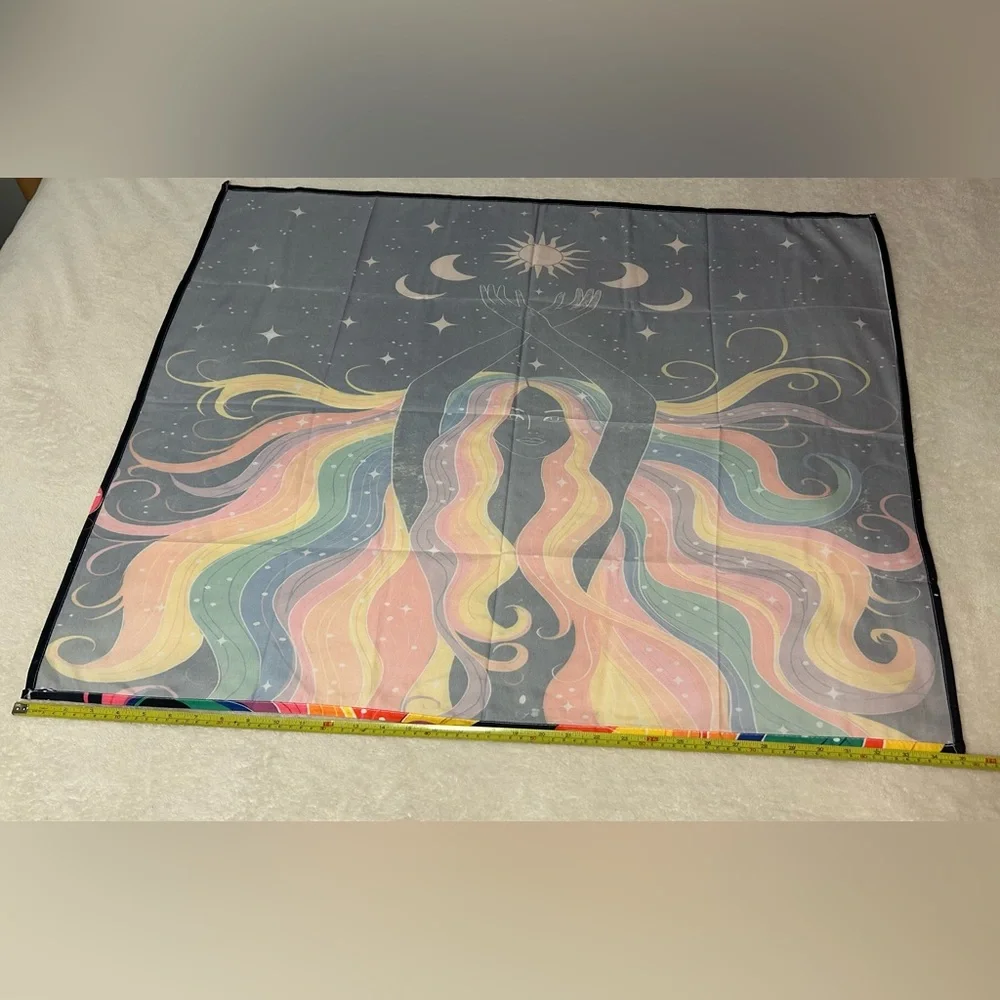 Rainbow Goddess moon phases sun solar tapestry she her flowing hair star moon